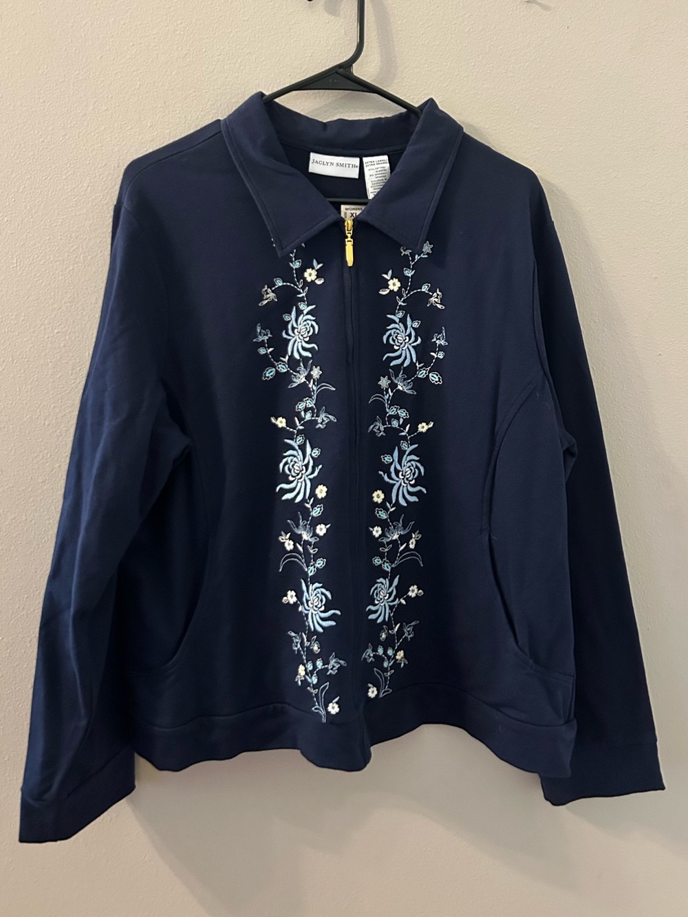Vintage Jaclyn Smith Navy Bomber Jacket with Light Blue & White Embroidery
